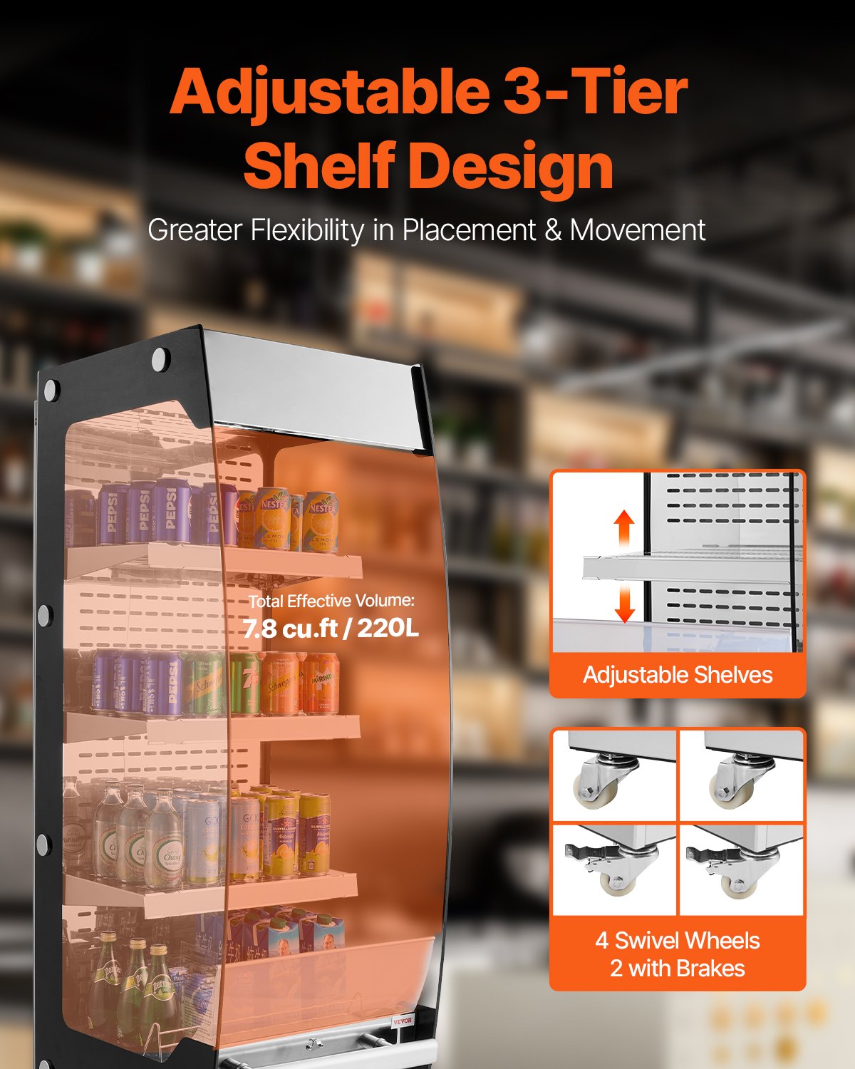 Open Air Merchandiser, 3-Tier Shelving Commercial Refrigerator, Grab and Go Display Cooler Refrigerator with Air Curtain, 4 Swivel Wheels, LED Light, for Restaurants, Stores, Office, 7.8cu.ft.