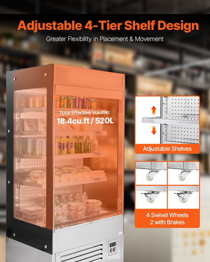 Open Air Merchandiser, 4-Tier Shelving Commercial Refrigerator, Grab and Go Display Cooler Refrigerator with Air Curtain, LED Advertising Light, Fits for Restaurants, Stores, Office, 18.4cu.ft.