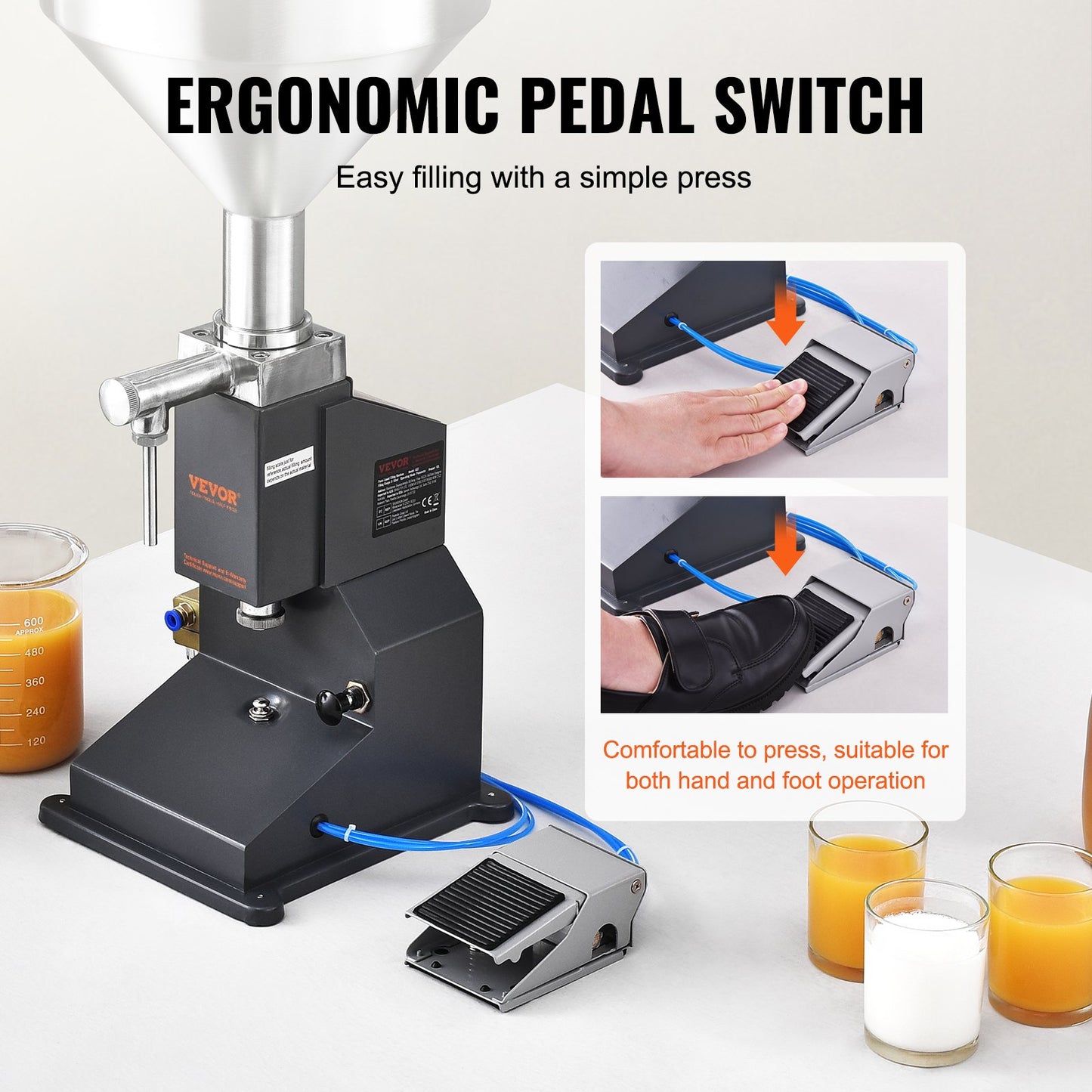 Pneumatic Paste vätskefyllningsmaskin, 5-50 ml flaskfyllare, flaskfyllningsmaskin, vätskefyllare i rostfritt stål med pedal för mjölkvattenjuice eterisk olja Schampo kosmetisk honungslotion