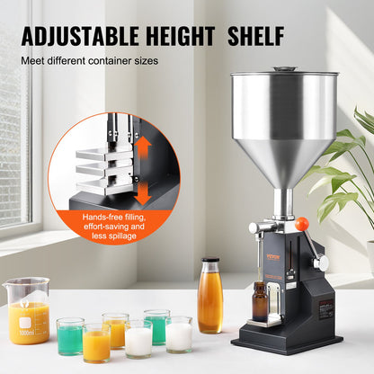 Manuelle Flüssigkeitsabfüllmaschine, 5–50 ml Flaschenfüller, einstellbare Flaschenabfüllmaschine, Edelstahl-Flüssigkeitsfüller mit Behälter für Milch, Wasser, Saft, ätherisches Öl, Shampoo, Kosmetik, Honig