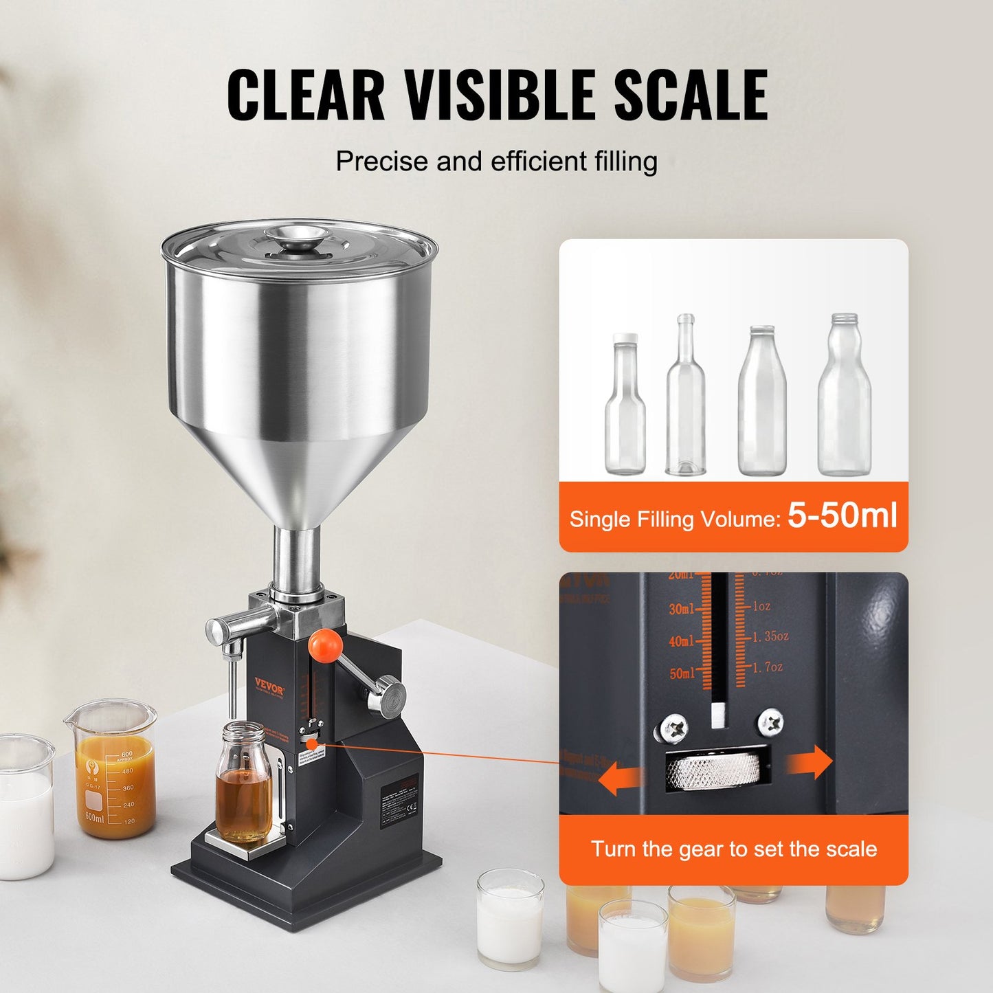 Manual Paste Liquid Filling Machine, 5-50ml Bottle Filler, Adjustable Bottle Filling Machine, Stainless Steel Liquid Filler with Hopper for Milk Water Juice Essential Oil Shampoo Cosmetic Honey