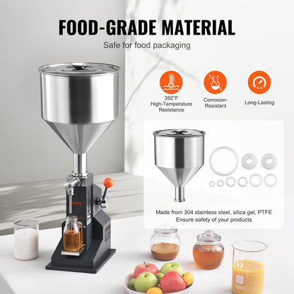 Manual Paste Liquid Filling Machine, 5-50ml Bottle Filler, Adjustable Bottle Filling Machine, Stainless Steel Liquid Filler with Hopper for Milk Water Juice Essential Oil Shampoo Cosmetic Honey