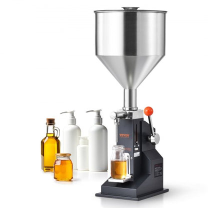 Manual Paste Liquid Filling Machine, 5-100ml Bottle Filler, Adjustable Bottle Filling Machine, Stainless Steel Liquid Filler with Hopper for Milk Water Juice Essential Oil Shampoo Cosmetic Honey