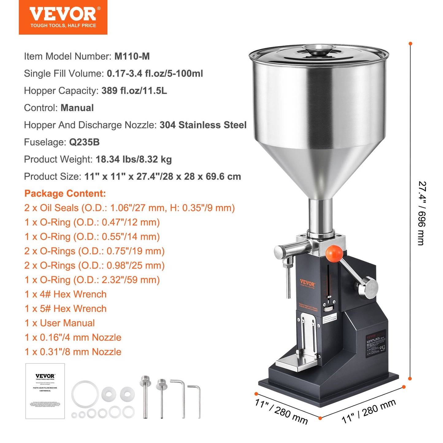 Manual Paste Liquid Filling Machine, 5-100ml Bottle Filler, Adjustable Bottle Filling Machine, Stainless Steel Liquid Filler with Hopper for Milk Water Juice Essential Oil Shampoo Cosmetic Honey