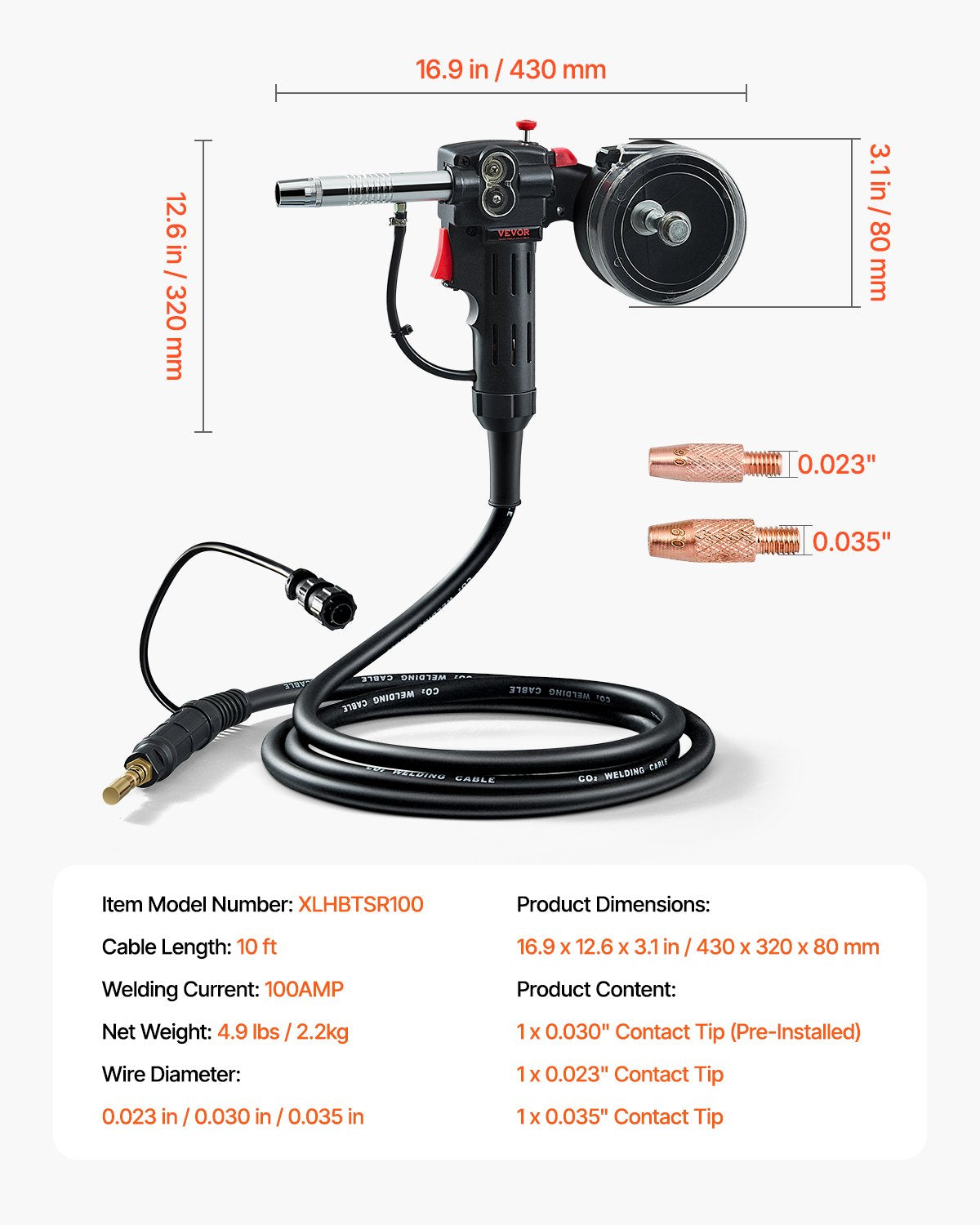 100-Ampere-Spulenpistole mit 10 Fuß Kabel für 0,023" 0,030" 0,035" Schweißdrähte