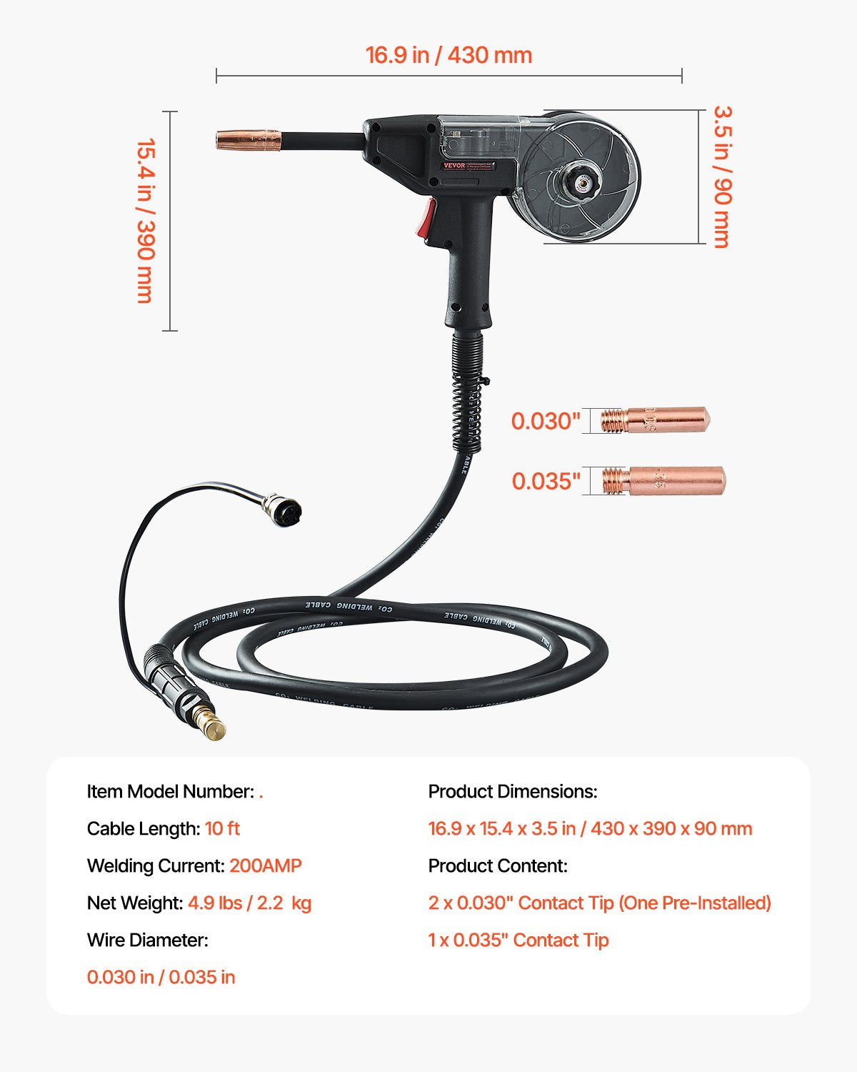 200 Amp spolepistol med 10FT kabel Lämplig för 0,030" 0,035" svetstrådar