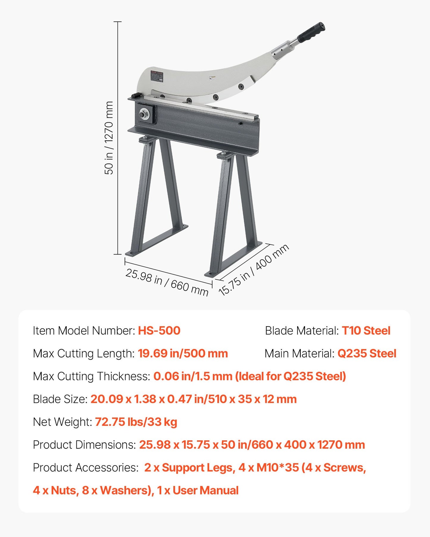 Guillotine Shear, 20 in Bed Width Benchtop Cutter, Manual Hand Plate Shear for Metal Sheet Processing, with Q235 Material, High Precision, Stand, for PCB Board, Aluminum, Steel, Copper, Plastic