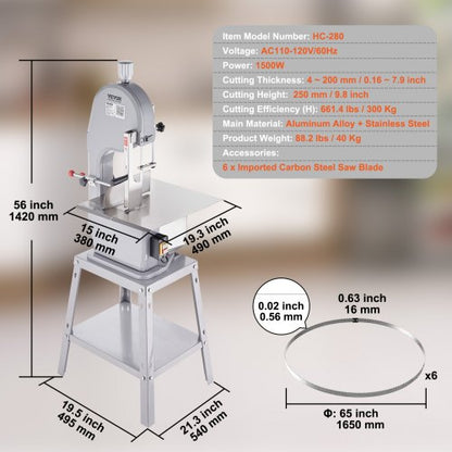 1500W Commercial Electric Meat Band Saw Stainless Steel Bone Saw Machine | EU