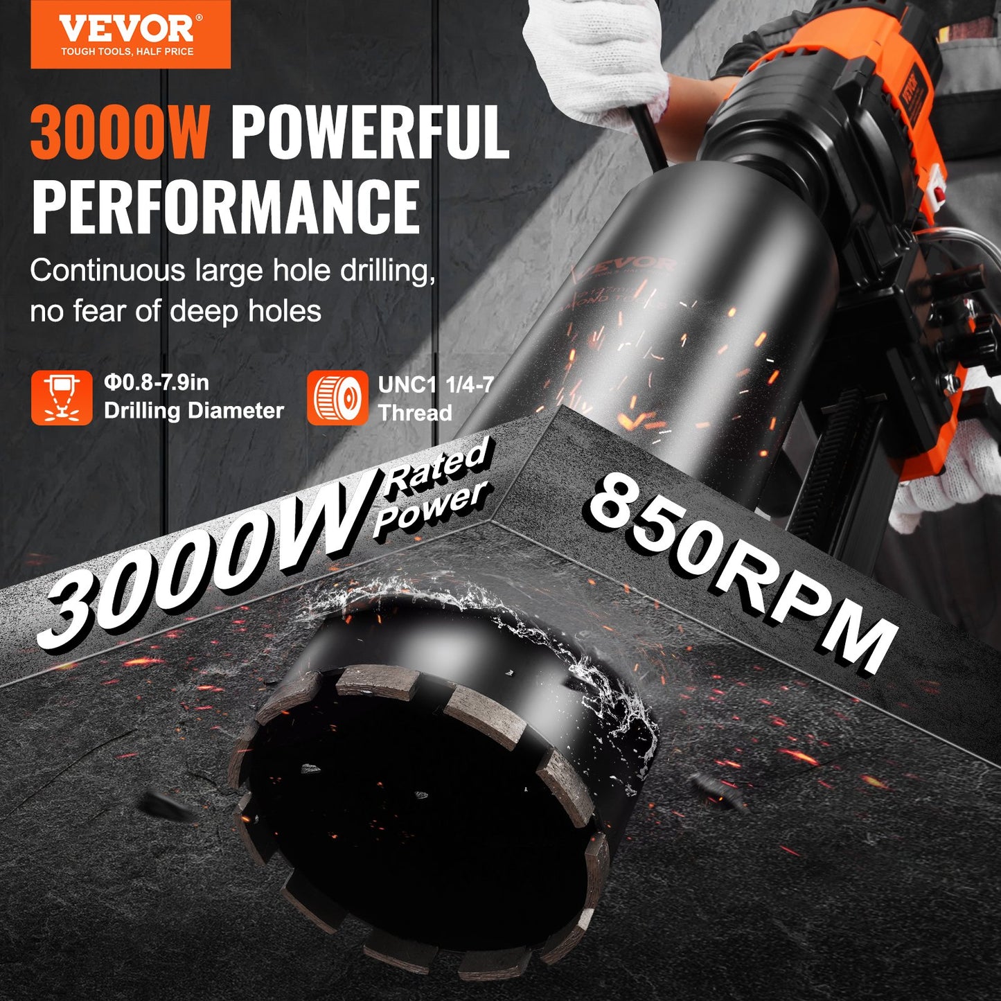 Core Drilling Machine 0.8-7.9 Inch Dia 3000W Diamond Core Drilling Rig With Stand