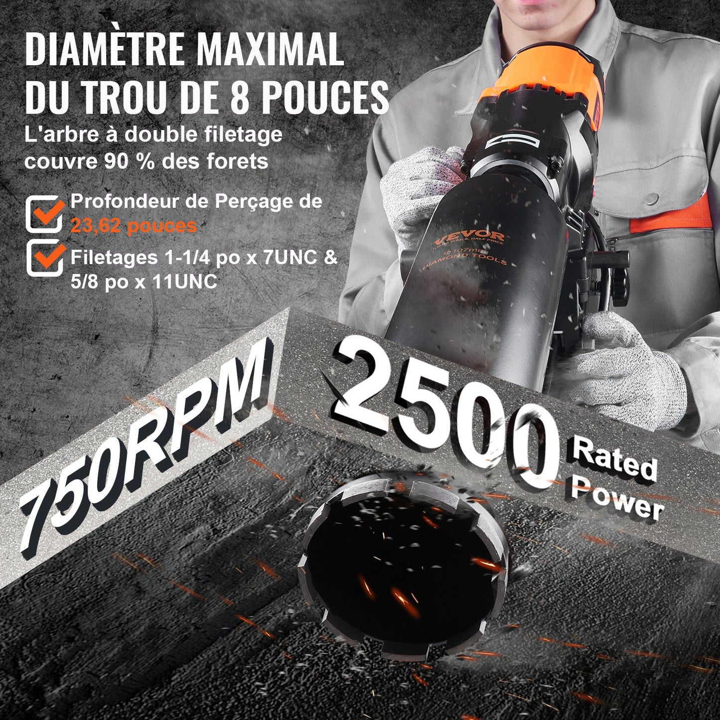 Diamond Core Drilling Machine, 8in Wet&Dry Concrete Core Drill Rig with Stand, 750RPM Speed & 1-1/4" 5/8" Thread & Lifting Handle, 8in Drilling Diameter for Concrete Brick Block Stone, 2500W