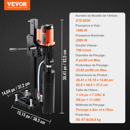 Diamond Core Drilling Machine, 8in Wet&Dry Concrete Core Drill Rig with Stand, 750RPM Speed & 1-1/4" 5/8" Thread & Lifting Handle, 8in Drilling Diameter for Concrete Brick Block Stone, 2500W