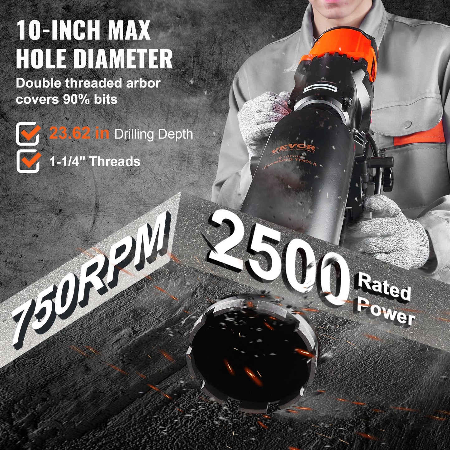 Diamond Core Drilling Machine Concrete Core Drilling Rig Wheel 3200W 750RPM