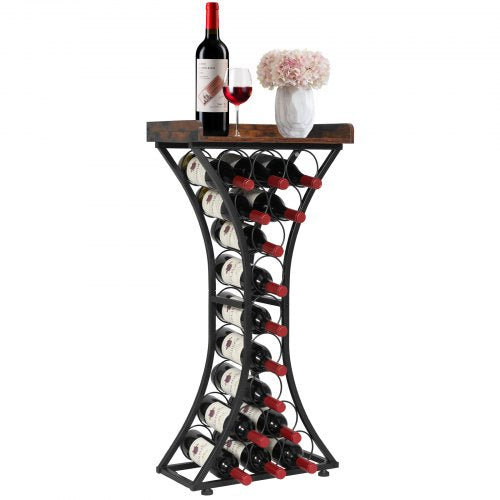 15 Bottle Wine Rack, Freestanding Floor, Wine Holder Stand Liquor Cabinet with Glass Holder Wood Tabletop, Easy Assembly Floor Storage Rack, for Home Bar Kitchen Living Room Dining Room, Black