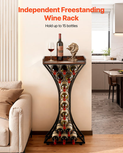 15 Bottle Wine Rack, Freestanding Floor, Wine Holder Stand Liquor Cabinet with Glass Holder Wood Tabletop, Easy Assembly Floor Storage Rack, for Home Bar Kitchen Living Room Dining Room, Black