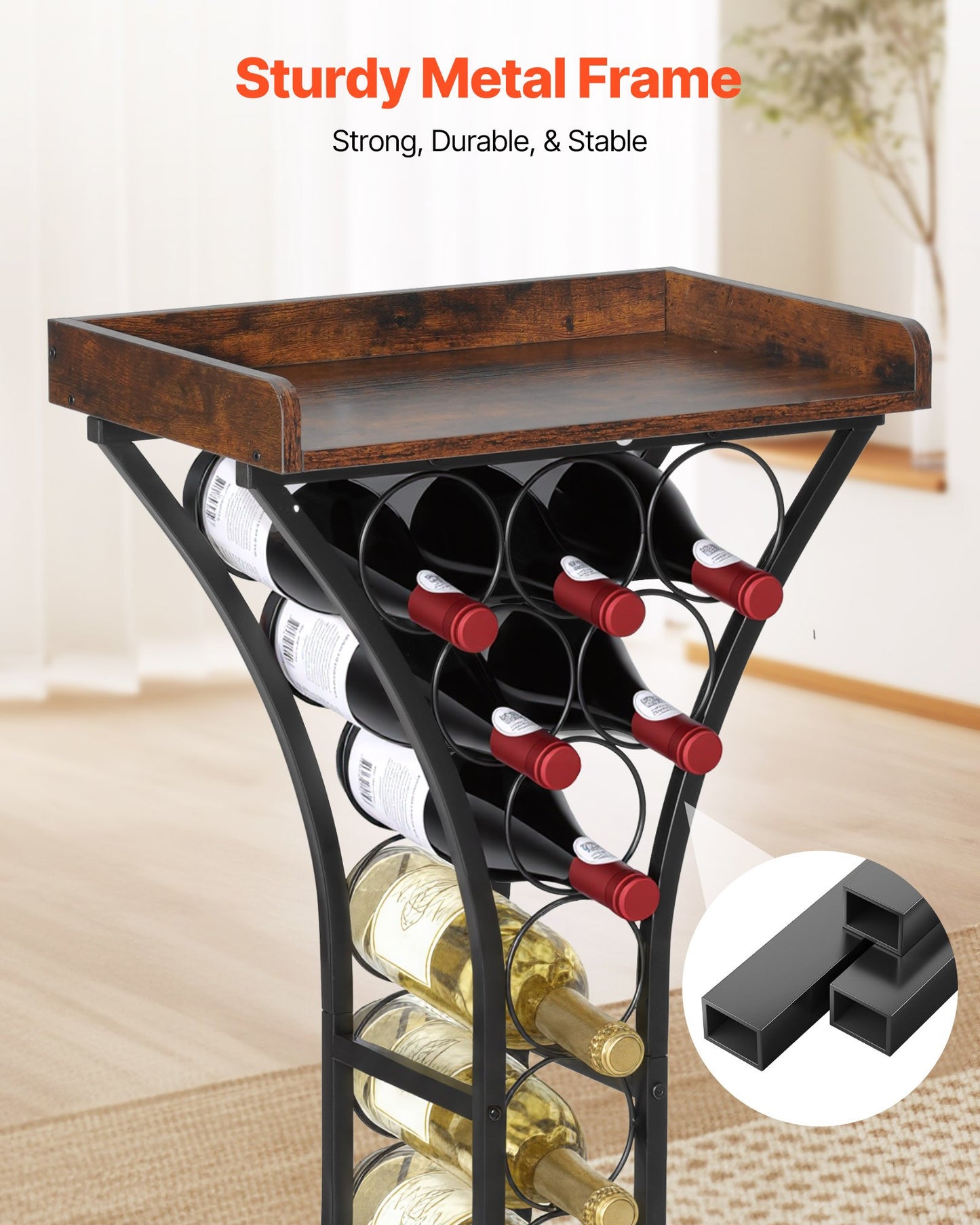 15 Bottle Wine Rack, Freestanding Floor, Wine Holder Stand Liquor Cabinet with Glass Holder Wood Tabletop, Easy Assembly Floor Storage Rack, for Home Bar Kitchen Living Room Dining Room, Black