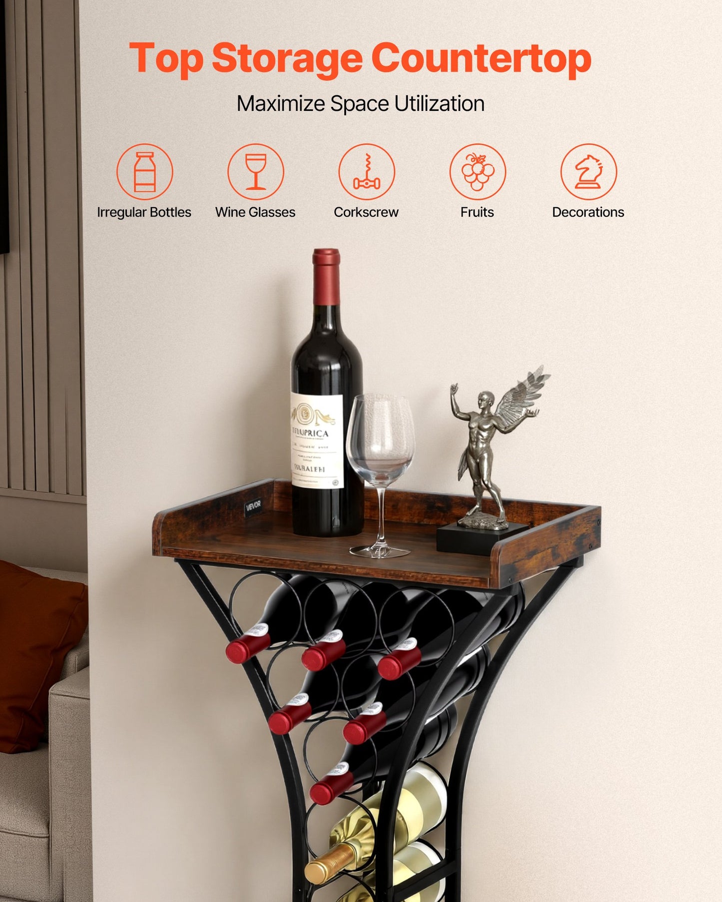 15 Bottle Wine Rack, Freestanding Floor, Wine Holder Stand Liquor Cabinet with Glass Holder Wood Tabletop, Easy Assembly Floor Storage Rack, for Home Bar Kitchen Living Room Dining Room, Black