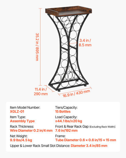 15 Bottle Wine Rack, Freestanding Floor, Wine Holder Stand Liquor Cabinet with Glass Holder Wood Tabletop, Easy Assembly Floor Storage Rack, for Home Bar Kitchen Living Room Dining Room, Black