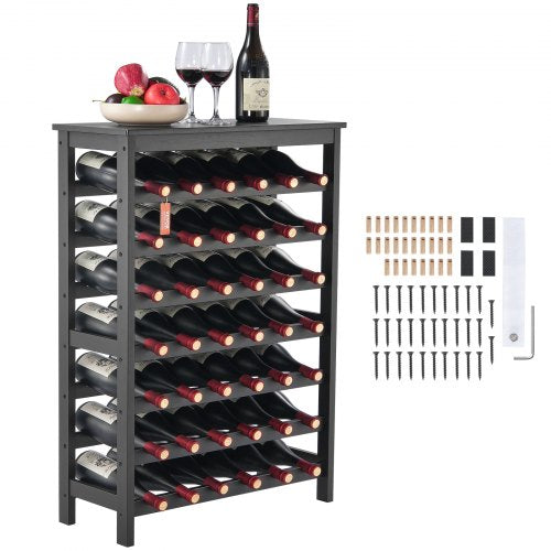 42 Bottle Modular Wine Rack, 7-Tier Solid Bamboo Wood Storage Racks with Table Top, Floor Freestanding Wines Holder Display Shelf, Wobble-Free Shelves for Kitchen, Bar, and Cellar (Black)