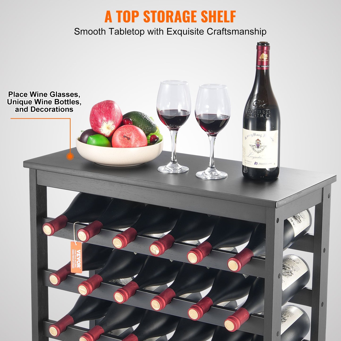 42 Bottle Modular Wine Rack, 7-Tier Solid Bamboo Wood Storage Racks with Table Top, Floor Freestanding Wines Holder Display Shelf, Wobble-Free Shelves for Kitchen, Bar, and Cellar (Black)