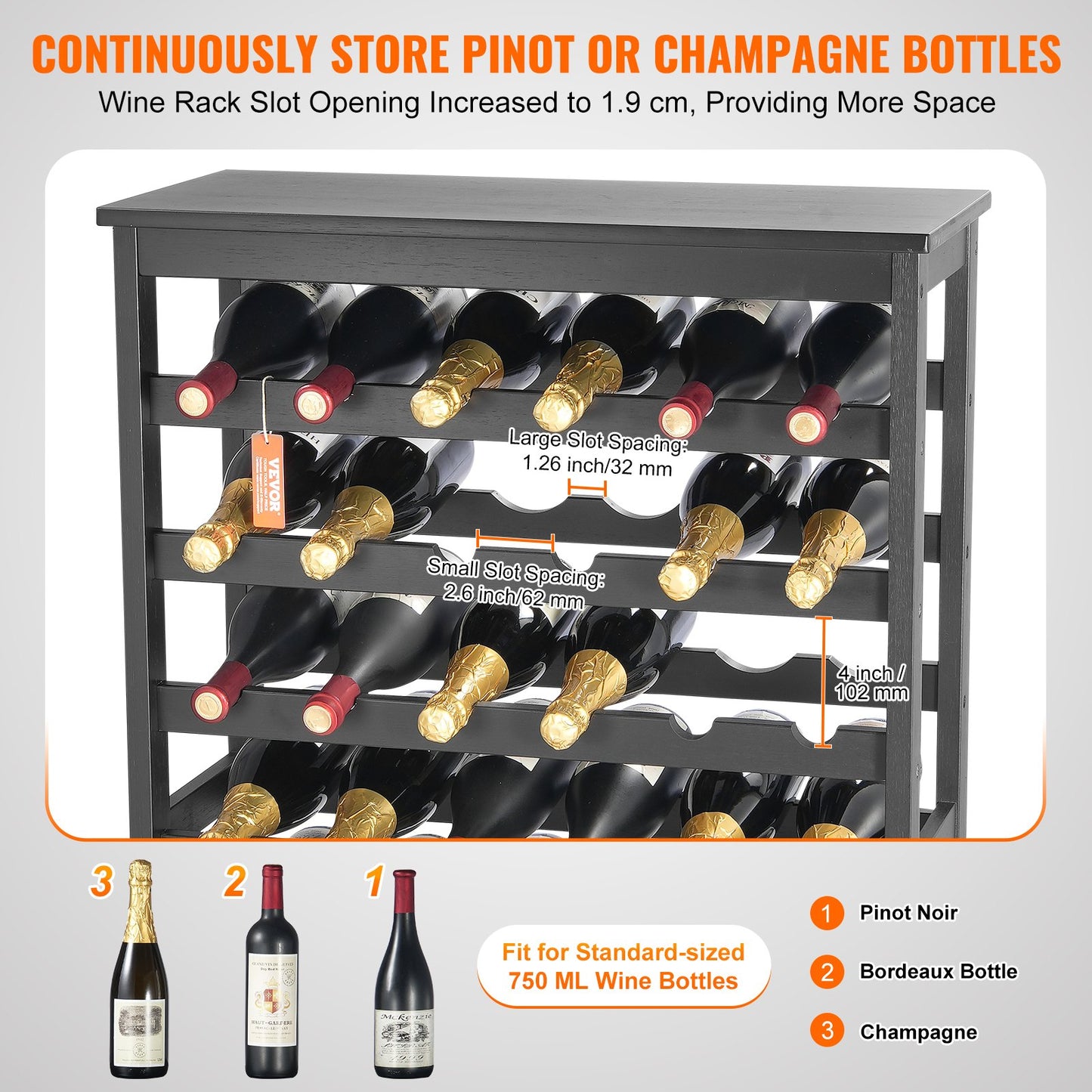 42 Bottle Modular Wine Rack, 7-Tier Solid Bamboo Wood Storage Racks with Table Top, Floor Freestanding Wines Holder Display Shelf, Wobble-Free Shelves for Kitchen, Bar, and Cellar (Black)