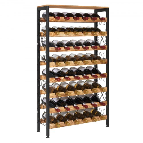 48 Bottle Wine Rack, 8-Tier, Freestanding Floor Display Wine Storage Shelves with Wood Table Top, Easy Assembly, Adjustable Feet, for Kitchen Pantry, Cellar, Bar, Dining Room, Living Room, Black