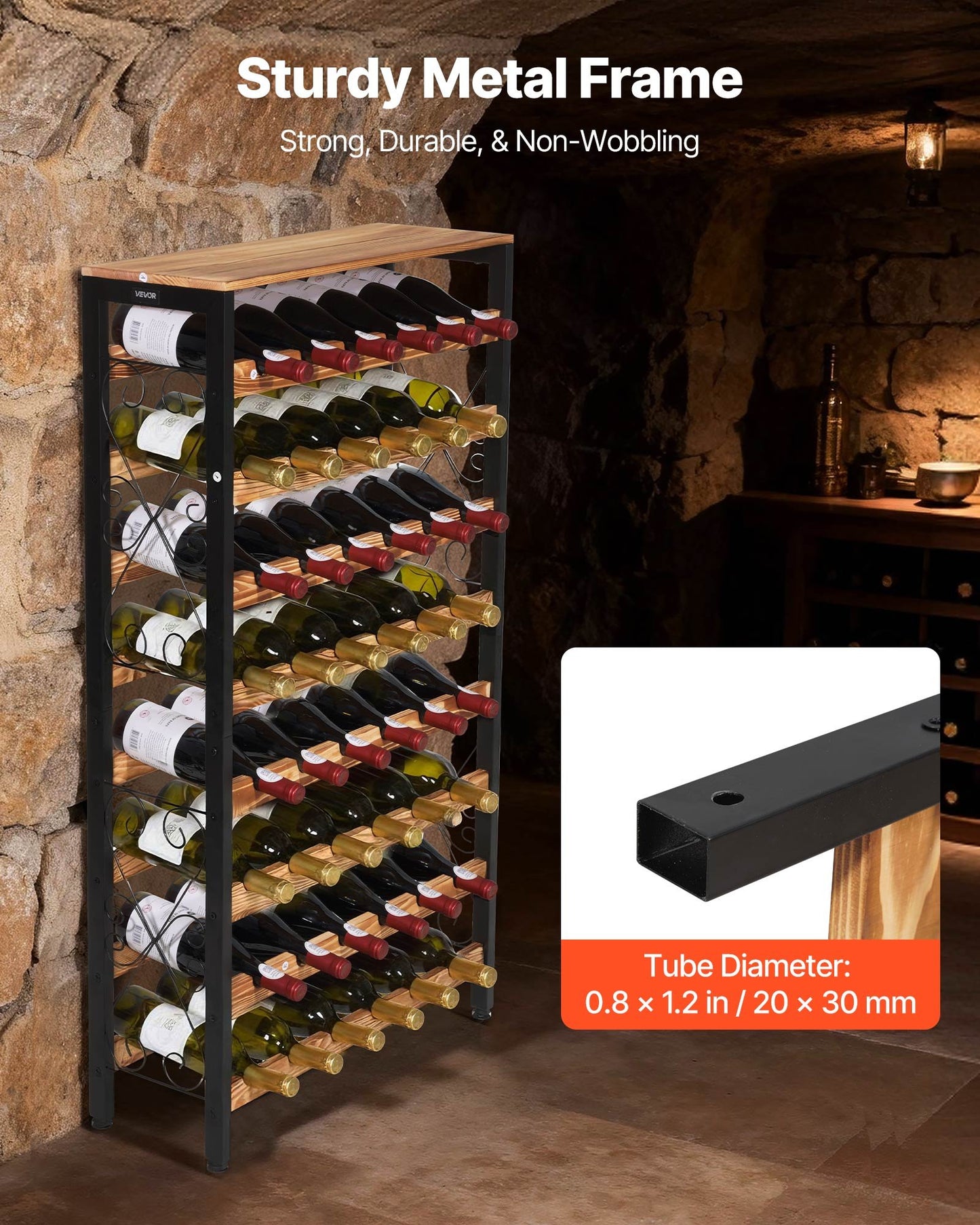 48 Bottle Wine Rack, 8-Tier, Freestanding Floor Display Wine Storage Shelves with Wood Table Top, Easy Assembly, Adjustable Feet, for Kitchen Pantry, Cellar, Bar, Dining Room, Living Room, Black