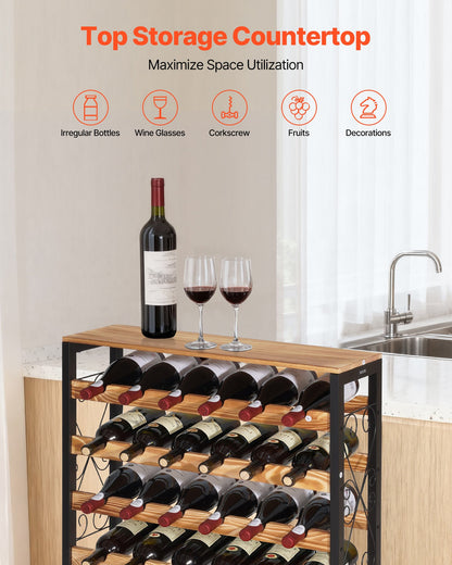 48 Bottle Wine Rack, 8-Tier, Freestanding Floor Display Wine Storage Shelves with Wood Table Top, Easy Assembly, Adjustable Feet, for Kitchen Pantry, Cellar, Bar, Dining Room, Living Room, Black