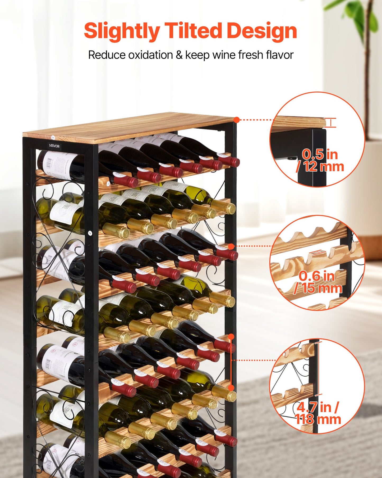 48 Bottle Wine Rack, 8-Tier, Freestanding Floor Display Wine Storage Shelves with Wood Table Top, Easy Assembly, Adjustable Feet, for Kitchen Pantry, Cellar, Bar, Dining Room, Living Room, Black