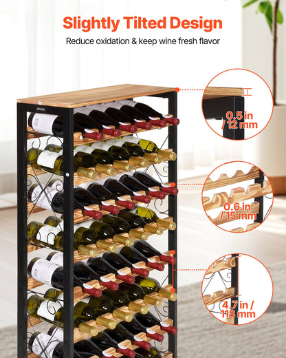 48 Bottle Wine Rack, 8-Tier, Freestanding Floor Display Wine Storage Shelves with Wood Table Top, Easy Assembly, Adjustable Feet, for Kitchen Pantry, Cellar, Bar, Dining Room, Living Room, Black