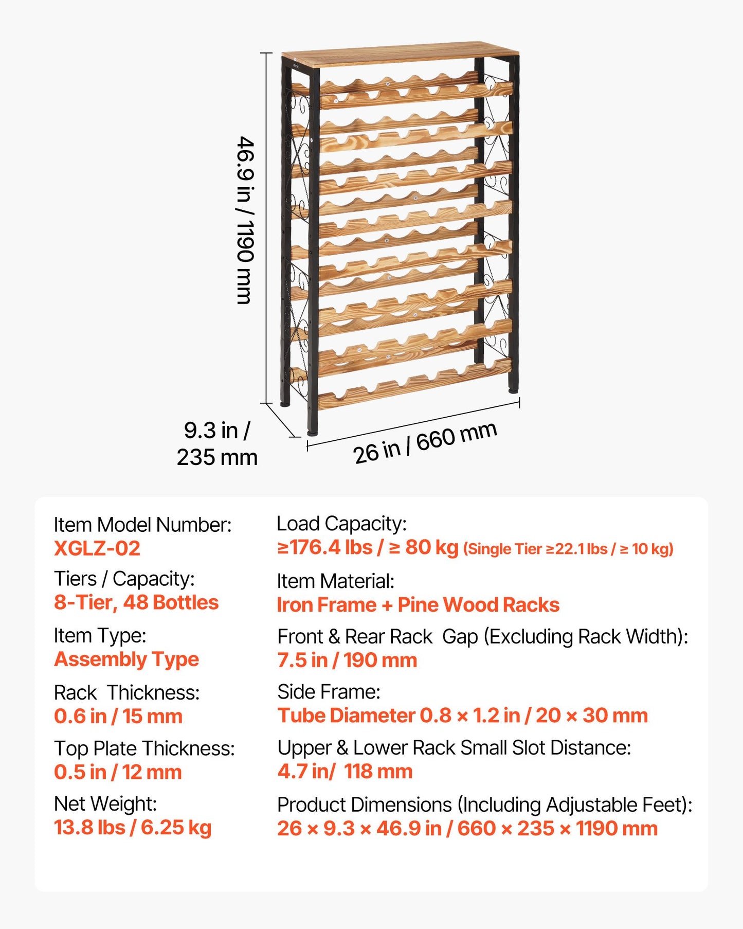 48 Bottle Wine Rack, 8-Tier, Freestanding Floor Display Wine Storage Shelves with Wood Table Top, Easy Assembly, Adjustable Feet, for Kitchen Pantry, Cellar, Bar, Dining Room, Living Room, Black