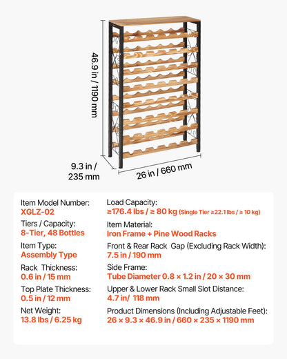 48 Bottle Wine Rack, 8-Tier, Freestanding Floor Display Wine Storage Shelves with Wood Table Top, Easy Assembly, Adjustable Feet, for Kitchen Pantry, Cellar, Bar, Dining Room, Living Room, Black