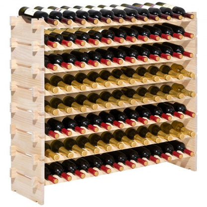 96 Bottle Stackable Modular Wine Rack, 8-Tier, Floor Freestanding Wine Storage Rack, Solid Wood Wines Display Shelf, Wobble-Free Shelves, Easy Assembly, for Kitchen, Cellar, and Bar, Natural