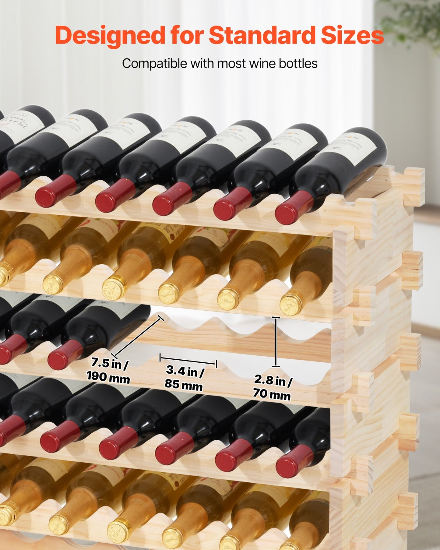 96 Bottle Stackable Modular Wine Rack, 8-Tier, Floor Freestanding Wine Storage Rack, Solid Wood Wines Display Shelf, Wobble-Free Shelves, Easy Assembly, for Kitchen, Cellar, and Bar, Natural