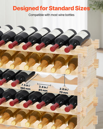 96 Bottle Stackable Modular Wine Rack, 8-Tier, Floor Freestanding Wine Storage Rack, Solid Wood Wines Display Shelf, Wobble-Free Shelves, Easy Assembly, for Kitchen, Cellar, and Bar, Natural