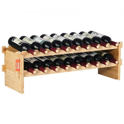 18 Bottle Stackable Modular Wine Rack, 2-Tier Solid Bamboo Wood Storage Racks, Floor Freestanding Wines Holder Display Shelf, Wobble-Free Shelves for Kitchen, Bar, and Cellar (Natural Color)