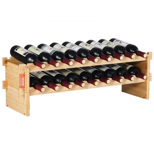 18 Bottle Stackable Modular Wine Rack, 2-Tier Solid Bamboo Wood Storage Racks, Floor Freestanding Wines Holder Display Shelf, Wobble-Free Shelves for Kitchen, Bar, and Cellar (Natural Color)