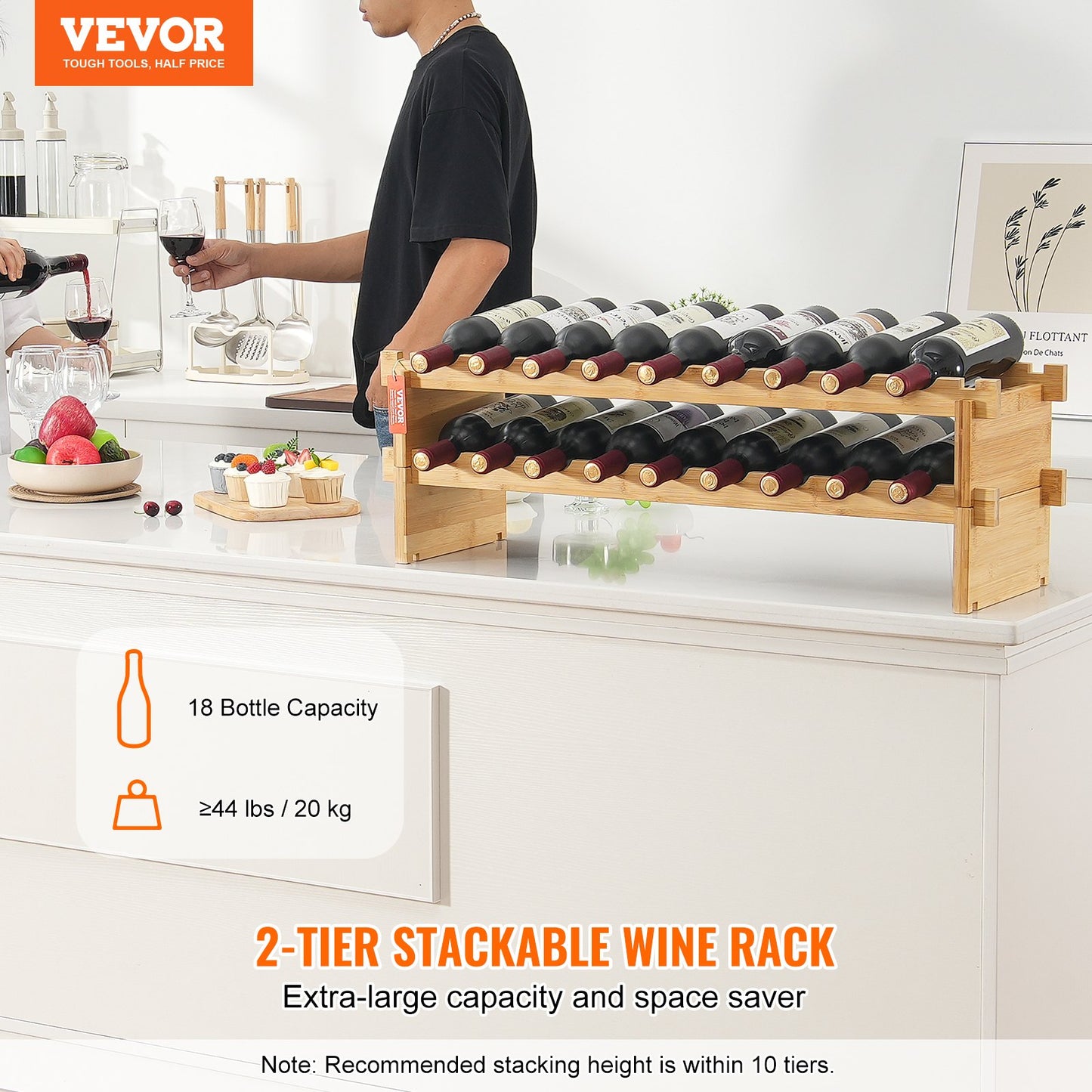 18 Bottle Stackable Modular Wine Rack, 2-Tier Solid Bamboo Wood Storage Racks, Floor Freestanding Wines Holder Display Shelf, Wobble-Free Shelves for Kitchen, Bar, and Cellar (Natural Color)