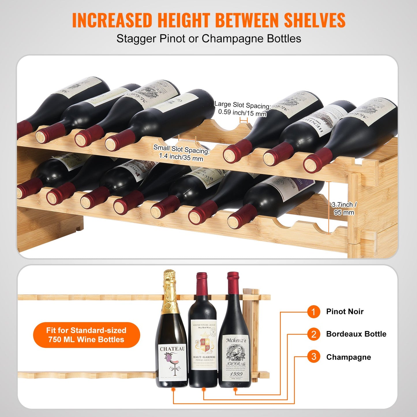 18 Bottle Stackable Modular Wine Rack, 2-Tier Solid Bamboo Wood Storage Racks, Floor Freestanding Wines Holder Display Shelf, Wobble-Free Shelves for Kitchen, Bar, and Cellar (Natural Color)