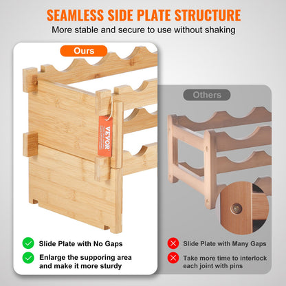 18 Bottle Stackable Modular Wine Rack, 2-Tier Solid Bamboo Wood Storage Racks, Floor Freestanding Wines Holder Display Shelf, Wobble-Free Shelves for Kitchen, Bar, and Cellar (Natural Color)