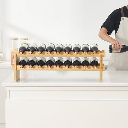 18 Bottle Stackable Modular Wine Rack, 2-Tier Solid Bamboo Wood Storage Racks, Floor Freestanding Wines Holder Display Shelf, Wobble-Free Shelves for Kitchen, Bar, and Cellar (Natural Color)