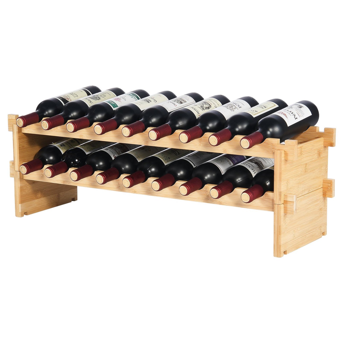 18 Bottle Stackable Modular Wine Rack, 2-Tier Solid Bamboo Wood Storage Racks, Floor Freestanding Wines Holder Display Shelf, Wobble-Free Shelves for Kitchen, Bar, and Cellar (Natural Color)