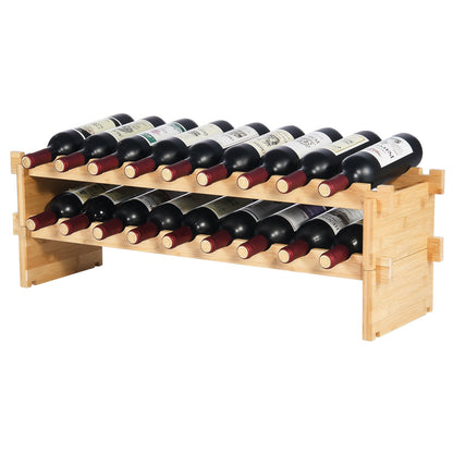 18 Bottle Stackable Modular Wine Rack, 2-Tier Solid Bamboo Wood Storage Racks, Floor Freestanding Wines Holder Display Shelf, Wobble-Free Shelves for Kitchen, Bar, and Cellar (Natural Color)