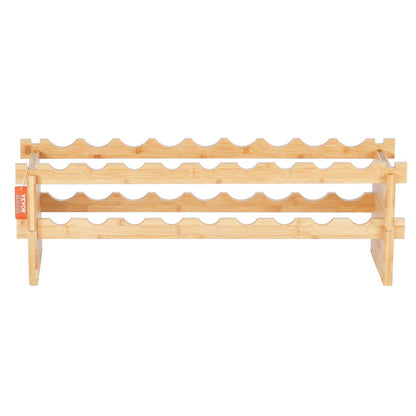 18 Bottle Stackable Modular Wine Rack, 2-Tier Solid Bamboo Wood Storage Racks, Floor Freestanding Wines Holder Display Shelf, Wobble-Free Shelves for Kitchen, Bar, and Cellar (Natural Color)