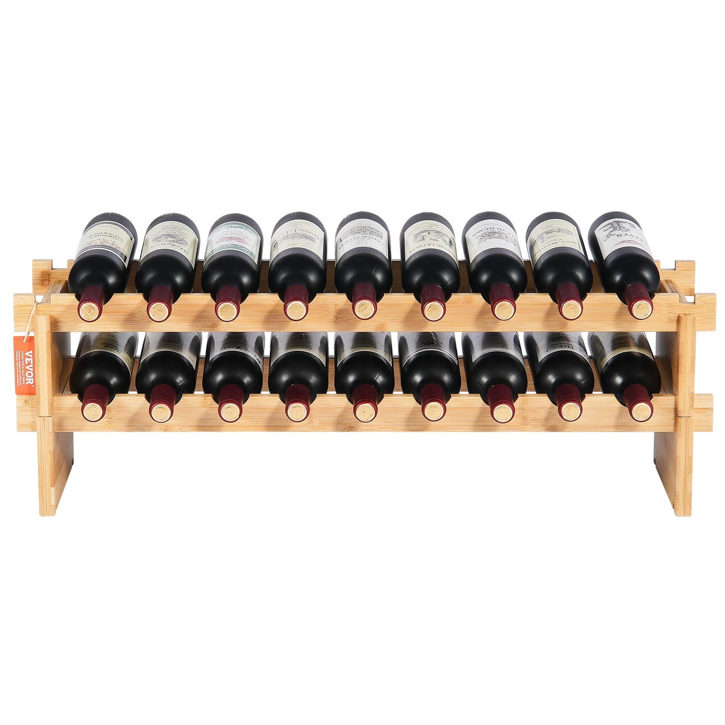 18 Bottle Stackable Modular Wine Rack, 2-Tier Solid Bamboo Wood Storage Racks, Floor Freestanding Wines Holder Display Shelf, Wobble-Free Shelves for Kitchen, Bar, and Cellar (Natural Color)