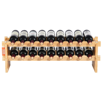 18 Bottle Stackable Modular Wine Rack, 2-Tier Solid Bamboo Wood Storage Racks, Floor Freestanding Wines Holder Display Shelf, Wobble-Free Shelves for Kitchen, Bar, and Cellar (Natural Color)