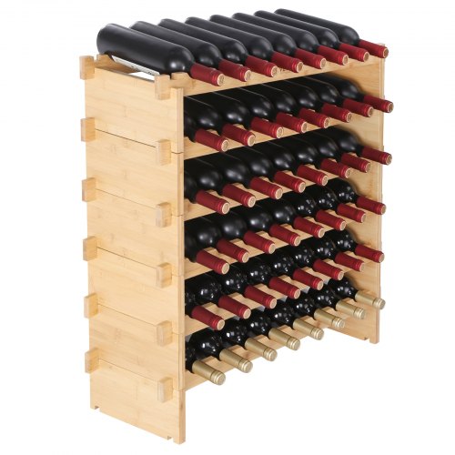48 Bottle Stackable Modular Wine Rack, 6-Tier Solid Bamboo Wood Storage Racks, Floor Freestanding Wines Holder Display Shelf, Wobble-Free Shelves for Kitchen, Bar, and Cellar (Natural Color)