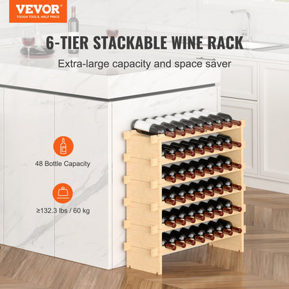 48 Bottle Stackable Modular Wine Rack, 6-Tier Solid Bamboo Wood Storage Racks, Floor Freestanding Wines Holder Display Shelf, Wobble-Free Shelves for Kitchen, Bar, and Cellar (Natural Color)