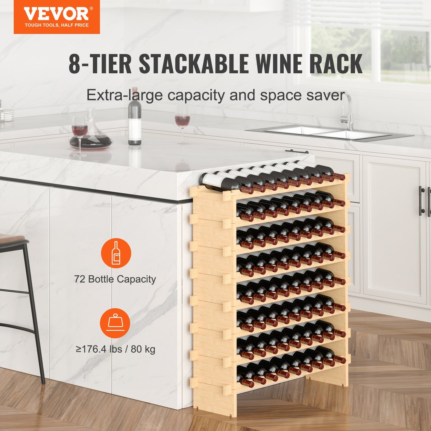 72 Bottle Stackable Modular Wine Rack, 8-Tier Solid Bamboo Wood Storage Racks, Floor Freestanding Wines Holder Display Shelf, Wobble-Free Shelves for Kitchen, Bar, and Cellar (Natural Color)