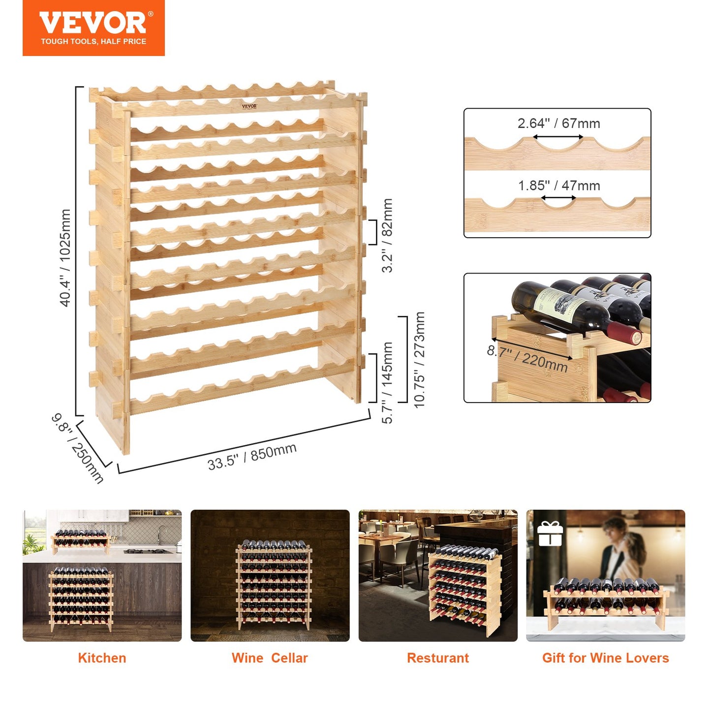72 Bottle Stackable Modular Wine Rack, 8-Tier Solid Bamboo Wood Storage Racks, Floor Freestanding Wines Holder Display Shelf, Wobble-Free Shelves for Kitchen, Bar, and Cellar (Natural Color)