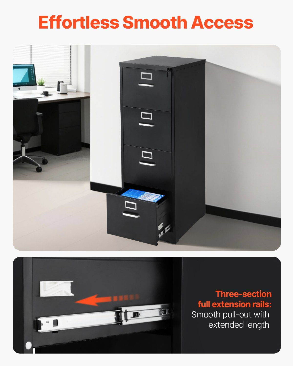 4 Drawer File Cabinet with Lock, Metal Vertical Filing Storage Cabinets for Home Office, Heavy-Duty Cabinet with Detachable Hanging Rod, for A4/Letter/Legal Size File, Easy Assembly (Black)